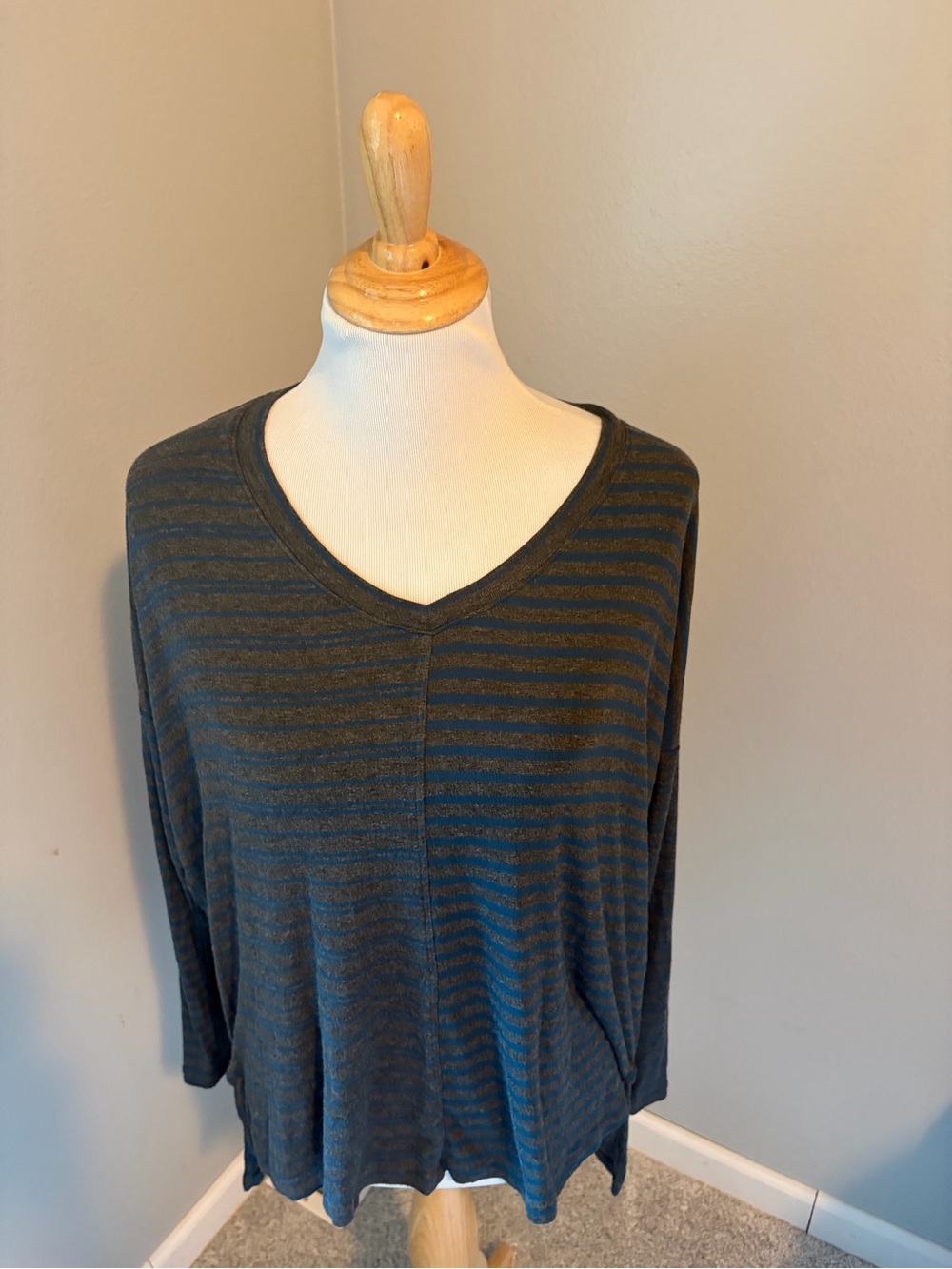 CAbi Gray and Black V-Neck Dolman Top Hybrid Stripe Tee #3687